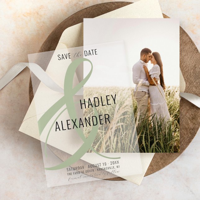 Simple Modern GREEN Overlay Wedding Save the Date Vellum Invitations (Simple elegant script sage green script bold & ampersand modern wedding save the date vellum overlay)