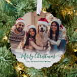 Simple Modern Green Script 2 Photo Christmas Ornament Card<br><div class="desc">Modern Cute Minimalist Green Script 2 Photo Merry Christmas Script Holiday Ornament Card. This festive, simple minimalist, whimsical two photo holiday greeting card template features „Merry Christmas” greeting text which is written in a hand lettered swirly swash-tail font green calligraphy script photo overlay. On the back side with your greeting...</div>