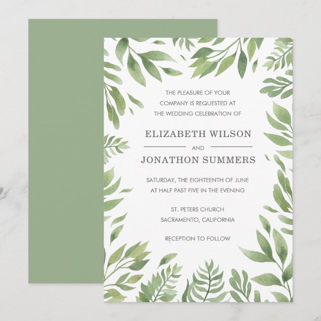 Simple Modern Greenery Elegant Rustic Wedding Invitation (Front/Back)