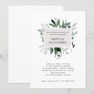 Simple Modern Greenery   Gender Neutral Baptism Invitation
