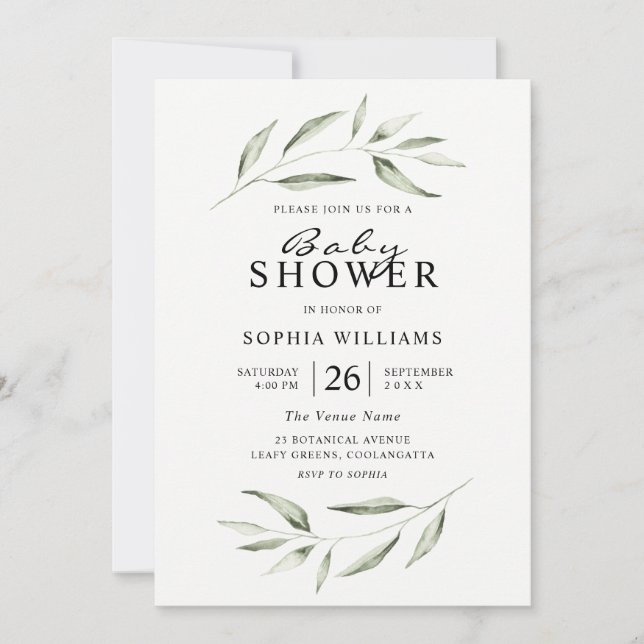 Simple Modern Greenery Leaf Baby Shower Invitation (Front)