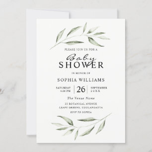 Simple Modern Greenery Leaf Baby Shower Invitation