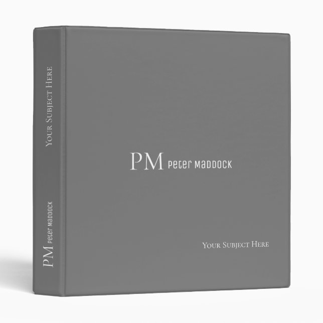 Simple Modern Grey Binder with Name & Monogram (Front/Spine)