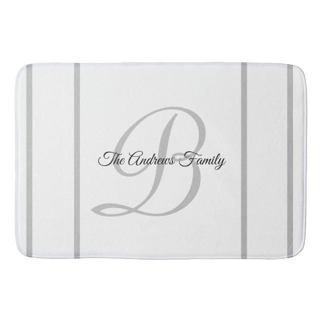Simple Modern Grey White Monogram Family Name  Bath Mat (Front)