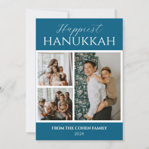 Simple Modern Happiest Hanukkah Elegant 3 Photo Holiday Card