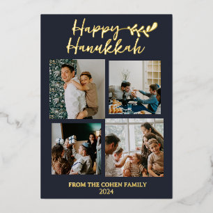 Simple Modern Happiest Hanukkah Elegant 4 Photo Foil Holiday Card