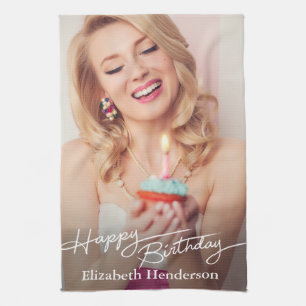 Simple Modern Happy Birthday Photo Kitchen Towel