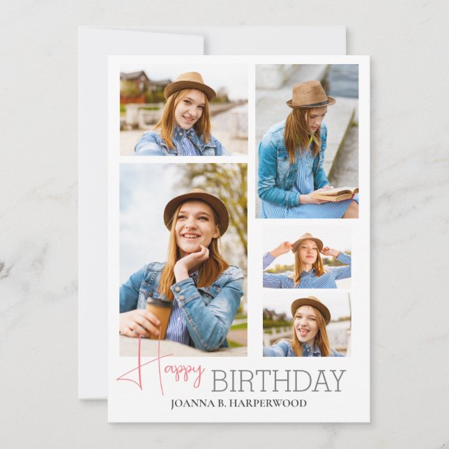 Simple Modern Happy Birthday Stylish 5 Photo Card (Front)