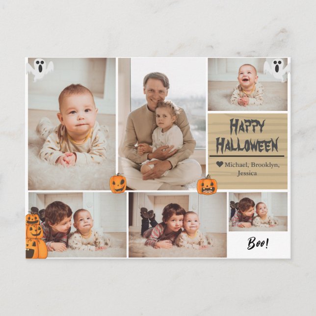 Simple Modern Happy Halloween photo family collage Holiday Postcard (Front)
