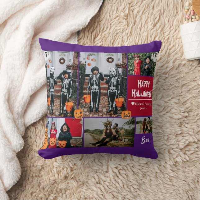 Simple Modern Happy Halloween photo family collage Throw Pillow (Blanket)