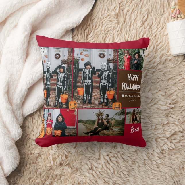 Simple Modern Happy Halloween photo family collage Throw Pillow (Blanket)