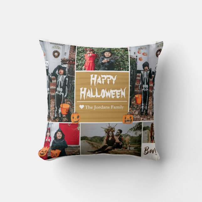 Simple Modern Happy Halloween photo family collage Throw Pillow (Front)