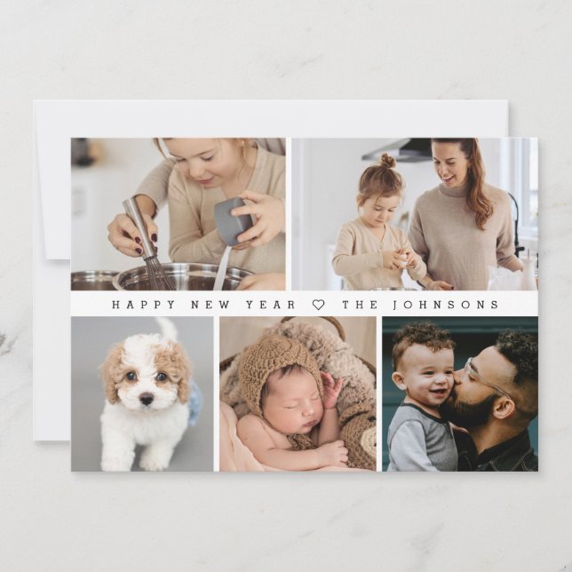 Simple Modern Happy New Year Family Photo Collage Holiday Card (Front)
