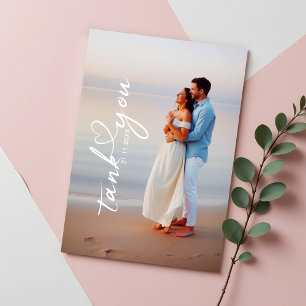 Simple Modern Heart Calligraphy Wedding Photo Thank You Card