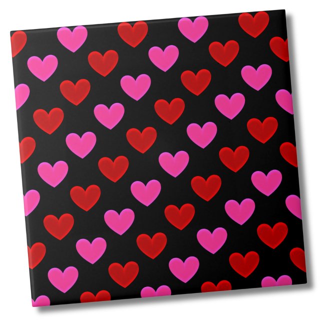 Simple Modern Heart Pattern Tile (Cute Bright Modern Black Pink Red Heart Pattern Ceramic Tile)