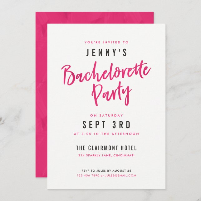 Simple Modern Hot Pink Bachelorette Party Invites (Front/Back)