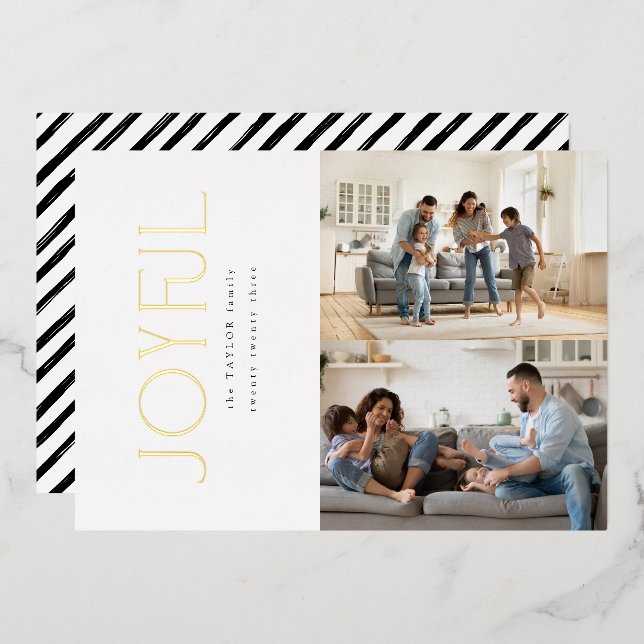 Simple Modern Joyful Family 2 Photo Christmas Gold Foil Holiday Card (Front/Back)