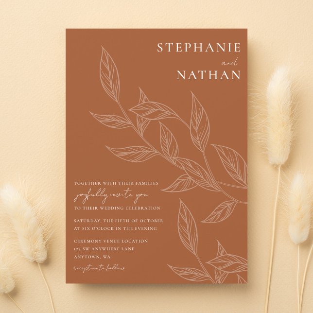 Simple Modern Leaves Burnt Orange Wedding Invitation (Creator Uploaded)