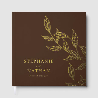 Simple Modern Leaves Dark Brown Wedding Gold Guest Book