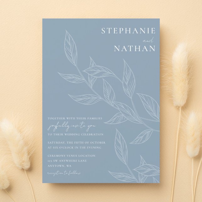 Simple Modern Leaves Dusty Blue Wedding Invitation (Creator Uploaded)