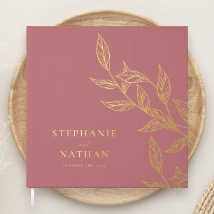 Simple Modern Leaves Dusty Rose Wedding Gold Guest Book