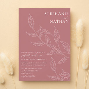 Simple Modern Leaves Dusty Rose Wedding Invitation