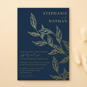 Simple Modern Leaves Navy Blue Wedding Gold