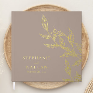 Simple Modern Leaves Taupe Wedding Gold Guest Book
