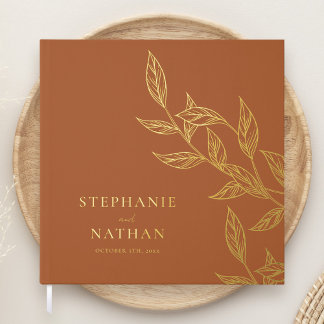 Simple Modern Leaves Terracotta Wedding Gold Guest Book
