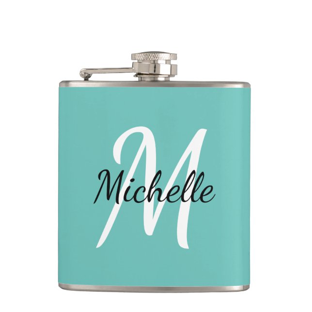 Simple Modern Light Blue Monogram Hip Flask (Front)