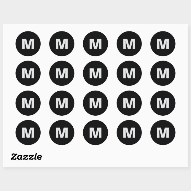 Simple Modern Light Grey on Black Monogram Initial Classic Round Sticker (Sheet)