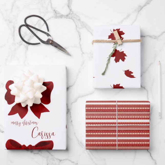 Simple Modern Maple Leaves Red Christmas Bow  Wrapping Paper Sheet (Front)
