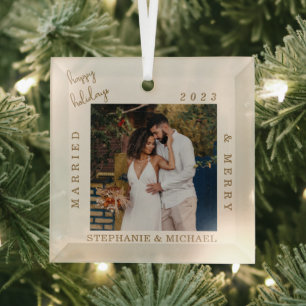 Simple Modern Married & Merry Gold Script Photo Glass Ornament