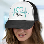 Simple Modern Medical Doctor Nurse Trucker Hat<br><div class="desc">Teal Blue Modern Heart Beat EKG Line Medical Nurse Trucker Hat. Turquoise heart beat EKG heart beat print, for a nursing school or medical school graduation gift or just for your favourite nurse! Not only can you change the font colours (and text of course), but you can also change the...</div>