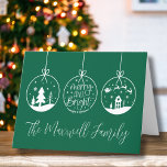 Simple Modern Merry And Bright Christmas Holiday Card<br><div class="desc">Simple Modern Merry And Bright Christmas Holiday Card. A perfect Christmas card for either personal (family name) or business use. Features 3 ornaments, one with 'Merry And Bright' in the centre. The other two have winter scenes like a Christmas Tree and Santa and the reindeer flying over a house. A...</div>