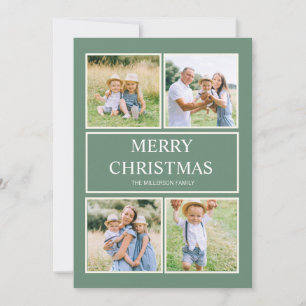 Simple Modern Merry Christmas 4 Family Photo Green Holiday Card