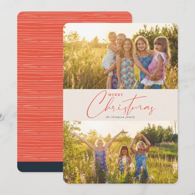 Simple Modern Merry Christmas Coral Script Photo Holiday Card (Front/Back)