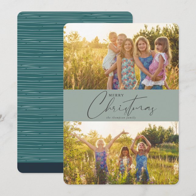 Simple Modern Merry Christmas Green Script Photo Holiday Card (Front/Back)