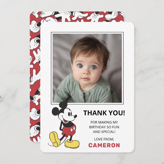 Simple Modern Mickey Mouse Birthday Thank You Card (Front/Back)