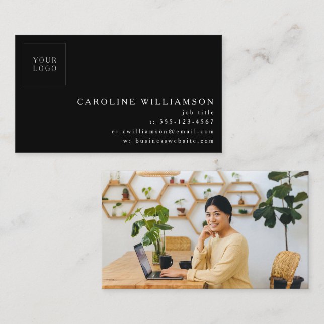 Simple Modern Minimal Black Background Logo Photo  Business Card (Front/Back)