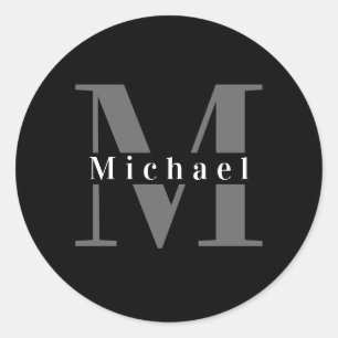 Simple Modern Minimal Black & White Monogram Classic Round Sticker