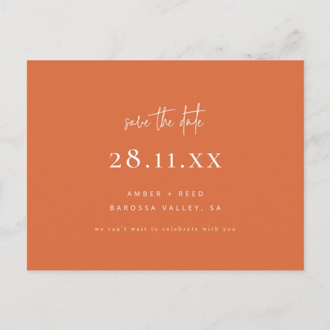 Simple Modern Minimal Burnt Orange Save the Date Announcement Postcard (Front)