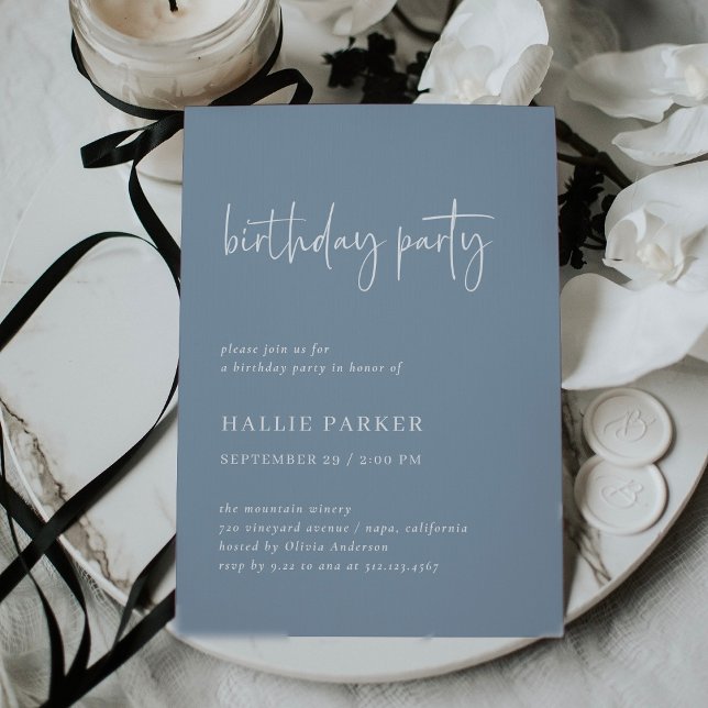 Simple Modern Minimal | Dusty Blue Birthday Party Invitation (An elegant, chic adult birthday party invitation for any age in dusty blue)