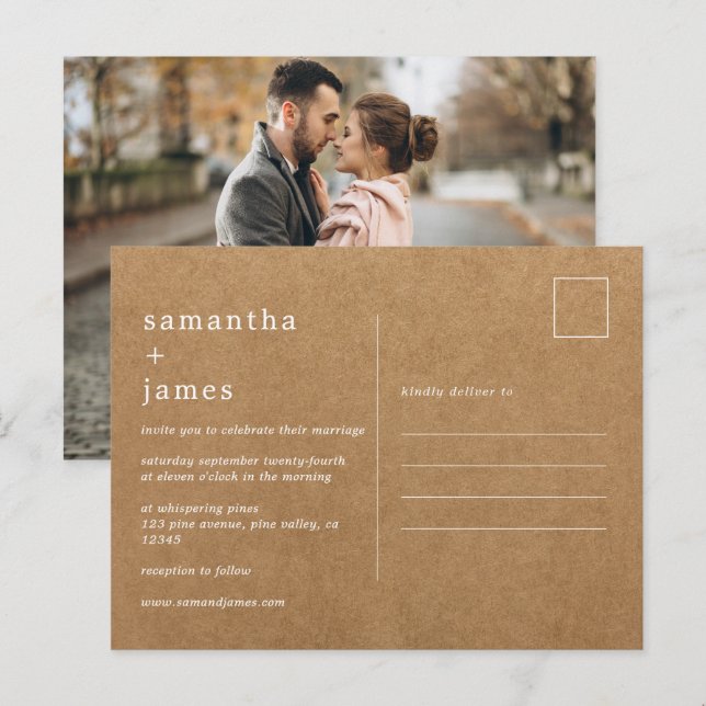 Simple Modern Minimal Faux Kraft Photo Wedding Invitation Postcard (Front/Back)