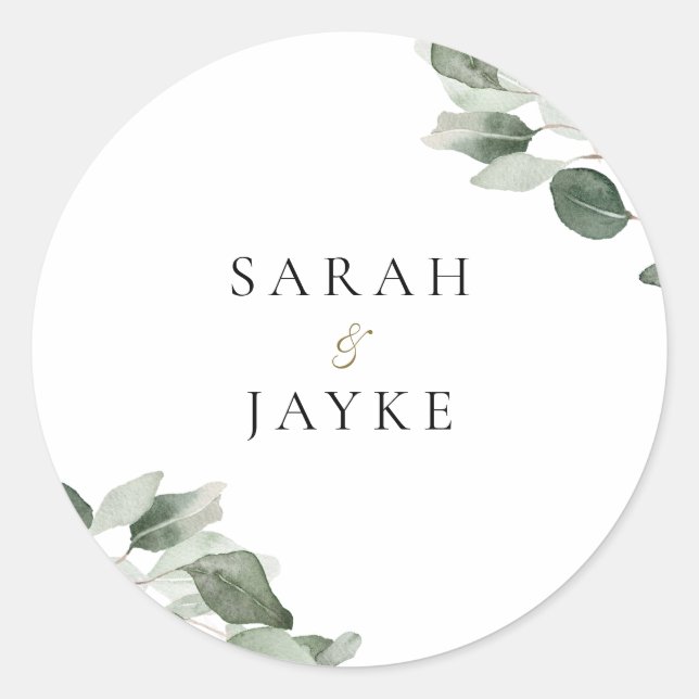 Simple Modern Minimal Green Leaf Wedding Classic Round Sticker (Front)