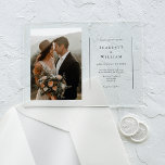 Simple Modern Minimal Horizontal Photo Wedding Acrylic Invitations<br><div class="desc">This Simple Modern Minimal Horizontal Photo Wedding Acrylic Invitations design is a timeless fusion of classic charm and contemporary simplicity. With a focus on minimalist style, this design features clean lines, neutral tones, with a sophisticated black typography on clear acrylic, ensuring every detail exudes refined simplicity. Whether you're planning a...</div>
