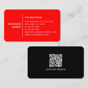 Simple Modern Minimal Red Black White QR Code Business Card