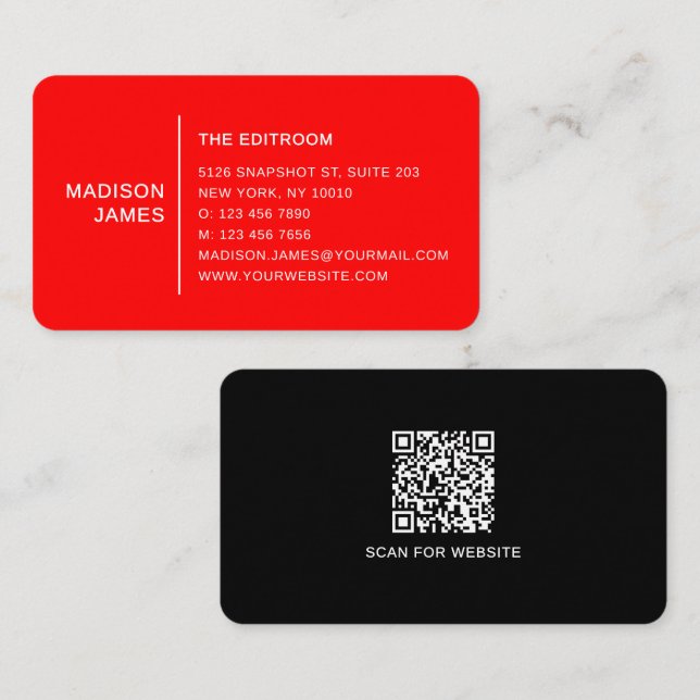 Simple Modern Minimal Red Black White QR Code Business Card (Front/Back)