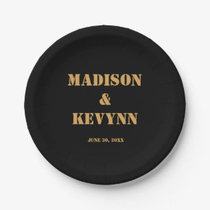 Simple Modern Minimalist   Black and Gold Wedding Paper Plate