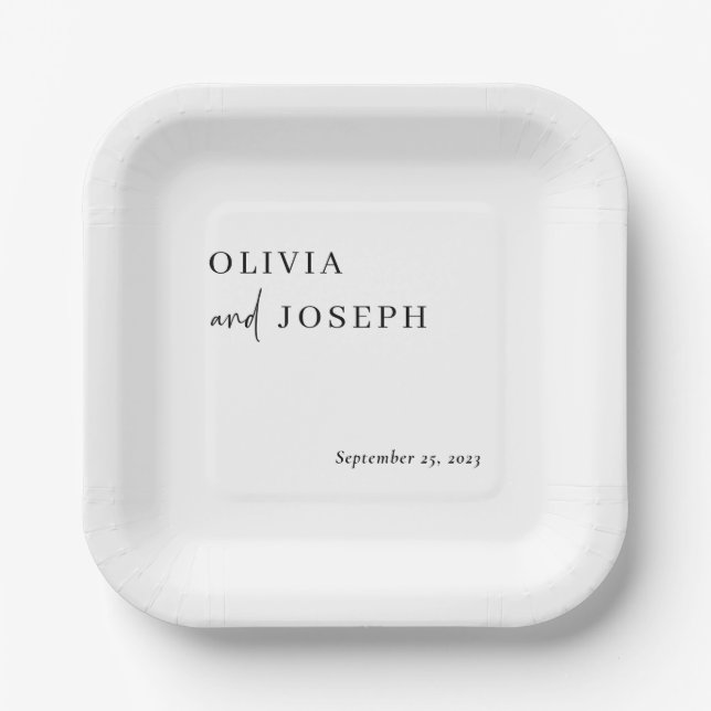 Simple Modern Minimalist | Black and White Wedding Paper Plate (Front)